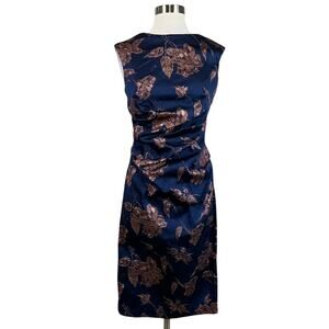 Betsy & Adam Floral Ruched Sheath Cocktail Dress Metallic Blue and Gold Size 6